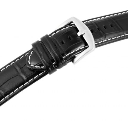 Echtleder-Uhrenarmband, schwarz, weiße Naht, Krokooptik, 26 mm