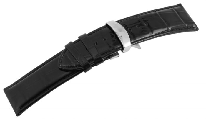 Echtleder-Uhrenarmband, schwarz, Krokooptik, Butterfly-Faltschließe, 26 mm - Image 1