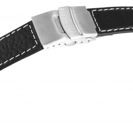 Echtleder-Uhrenarmband, schwarz, weiße Naht, Faltschließe, 18 mm - 22 mm