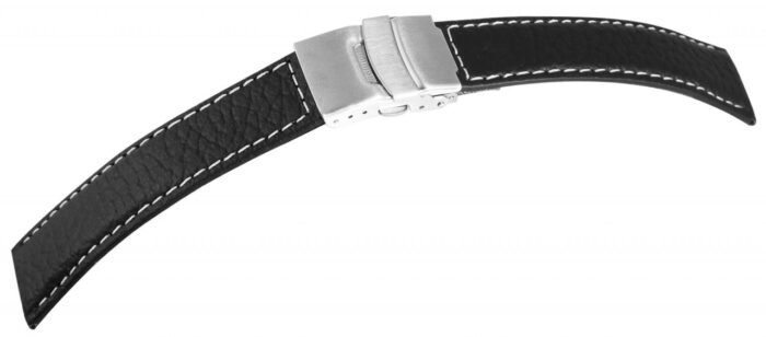 Echtleder-Uhrenarmband, schwarz, weiße Naht, Faltschließe, 18 mm - 22 mm - Image 1