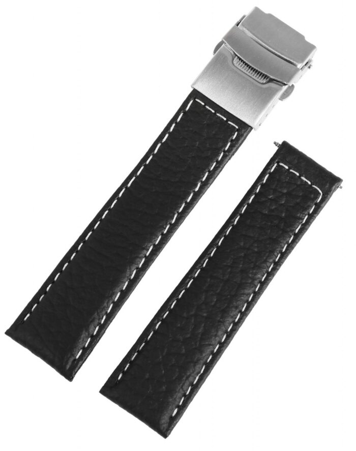Echtleder-Uhrenarmband, schwarz, weiße Naht, Faltschließe, 18 mm - 22 mm - Image 2