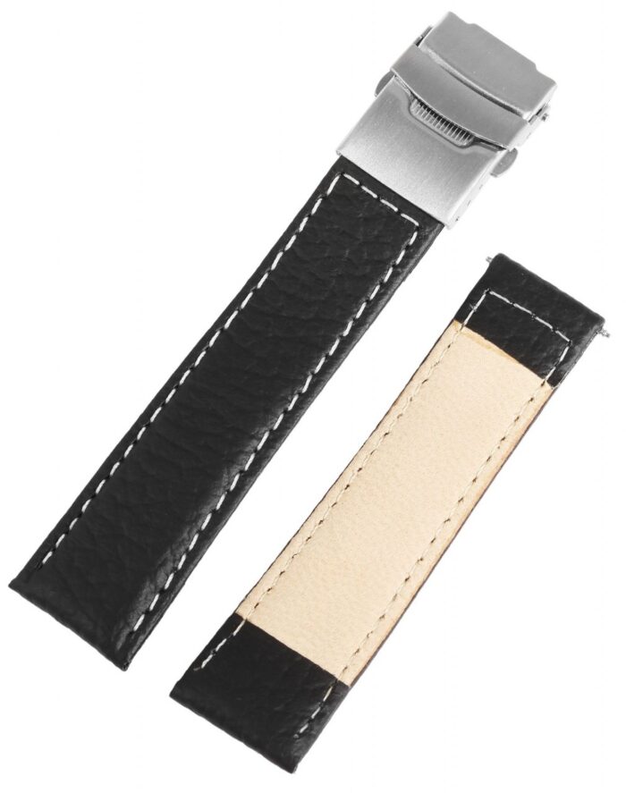 Echtleder-Uhrenarmband, schwarz, weiße Naht, Faltschließe, 18 mm - 22 mm - Image 3