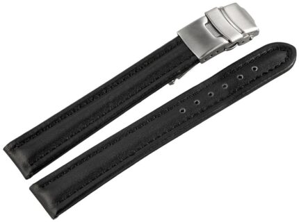 Echtleder-Uhrenarmband, schwarz, Faltschließe, 16 mm