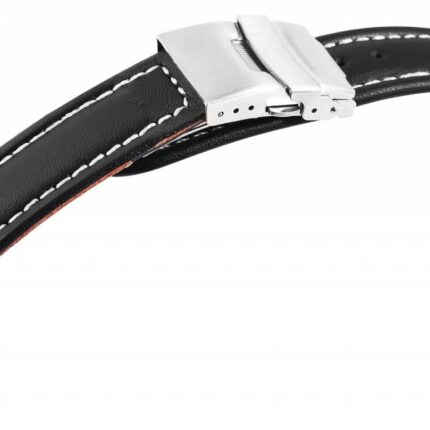 Echtleder-Uhrenarmband, schwarz, weiße Naht, Faltschließe, 16 mm / 18 mm
