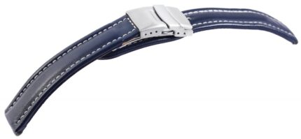Echtleder-Uhrenarmband, blau, weiße Naht, Faltschließe, 16 mm - 20 mm