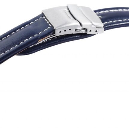 Echtleder-Uhrenarmband, blau, weiße Naht, Faltschließe, 16 mm - 20 mm