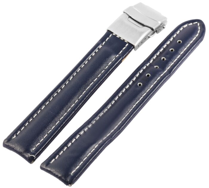 Echtleder-Uhrenarmband, blau, weiße Naht, Faltschließe, 16 mm - 20 mm - Image 2
