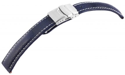 Echtleder-Uhrenarmband, dunkelblau, weiße Naht, Faltschließe, 16 - 22 mm