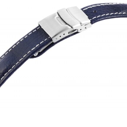 Echtleder-Uhrenarmband, dunkelblau, weiße Naht, Faltschließe, 16 - 22 mm