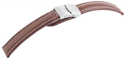 Echtleder-Uhrenarmband, braun, weiße Naht, Faltschließe, 16 mm - 24 mm