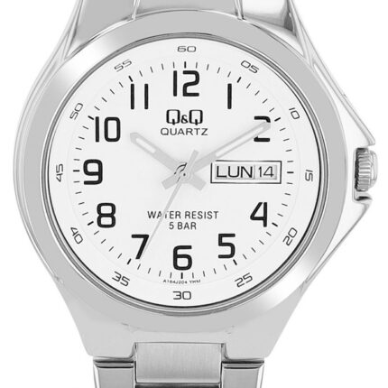Q&Q Herrenuhr mit Edelstahlarmband, 5 ATM, Datums- und Wochentagsanzeige, sil...