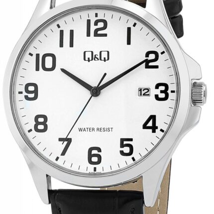 Q&Q Herrenuhr, Lederimitatarmband, Datumsanzeige, 3ATM, silberfarben/schwarz,...