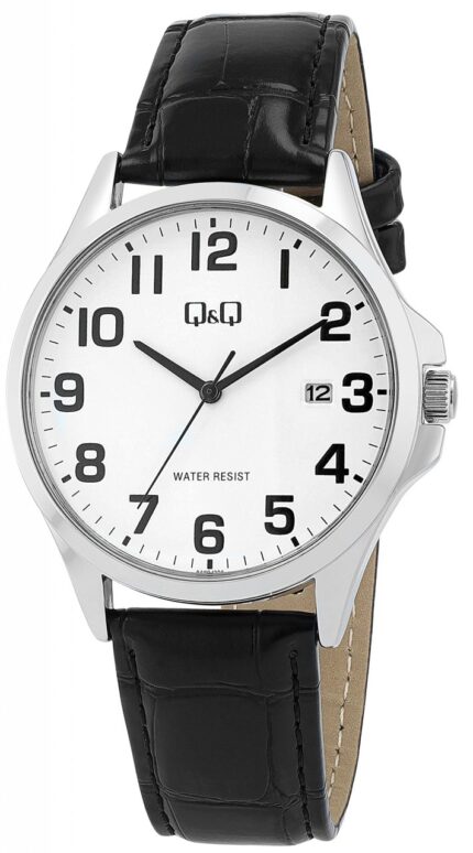 Q&Q Herrenuhr, Lederimitatarmband, Datumsanzeige, 3ATM, silberfarben/schwarz,...