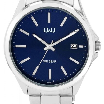 Q&Q Herrenuhr mit Edelstahlarmband, 5 ATM, Datumsanzeige, silberfarben/ZB blau