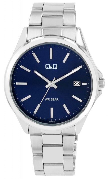 Q&Q Herrenuhr mit Edelstahlarmband, 5 ATM, Datumsanzeige, silberfarben/ZB blau