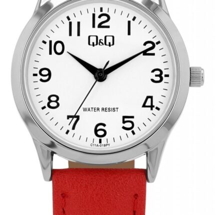 Q&Q Damenuhr, gepolstertes Lederband, rot/silberfarben, 3 ATM, Ø 30 mm