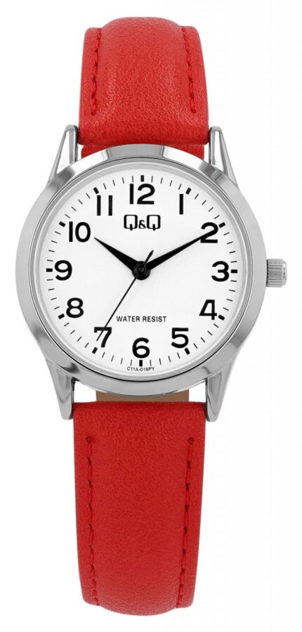 Q&Q Damenuhr, gepolstertes Lederband, rot/silberfarben, 3 ATM, Ø 30 mm