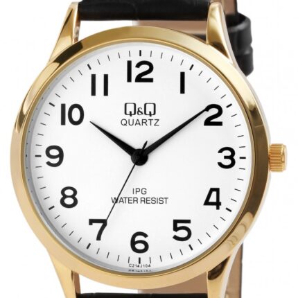 Q&Q Herrenuhr, Metall, Lederimitationsarmband, schwarz/goldfarben, 3 Bar, Ø 3...