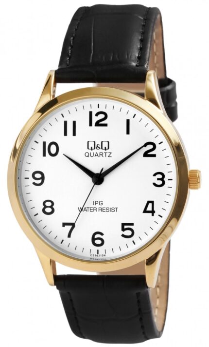 Q&Q Herrenuhr, Metall, Lederimitationsarmband, schwarz/goldfarben, 3 Bar, Ø 3...