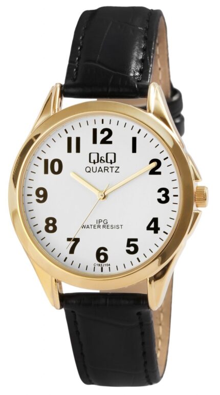 Q&Q Herrenuhr mit Lederimitationsarmband, schwarz/goldfarben, 3 bar