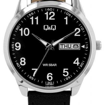 Q&Q Herrenuhr mit Lederband, 5 ATM, Wochentags- & Datumsanzeige, schwarz