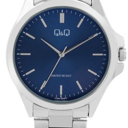 Q&Q Herrenuhr, Metall, Edelstahlarmband, Strichindex, silberfarben/blau, 3 AT...