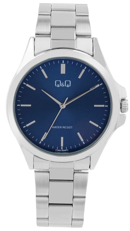 Q&Q Herrenuhr, Metall, Edelstahlarmband, Strichindex, silberfarben/blau, 3 AT...