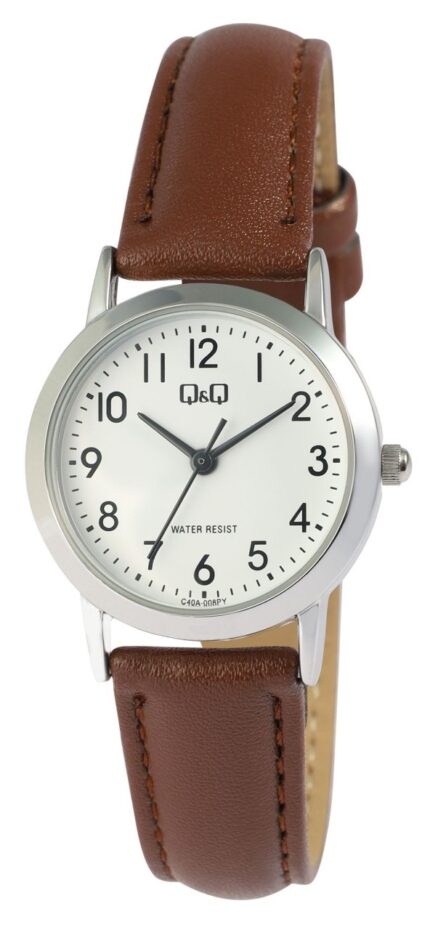 Q&Q Damenuhr, gepolstertes Echtlederarmband, braun/silberfarben, 3 ATM, Ø 26 mm