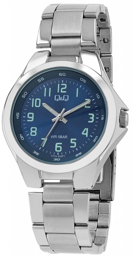 Q&Q Herrenuhr, Metallgliederarmband, Faltschließe, silberfarben/blau, 5ATM, Ø...