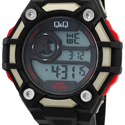 Q&Q Silicon Band Digital Watch Black/Gold/Red 10ATM (Men's) G18A-007VY