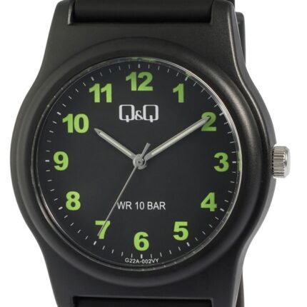 Q&Q Herrenuhr mit Silikonarmband, 10 ATM, 3-Zeiger/analog, schwarz/Index grün