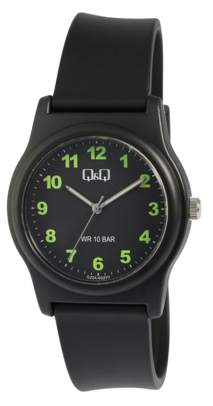 Q&Q Herrenuhr mit Silikonarmband, 10 ATM, 3-Zeiger/analog, schwarz/Index grün