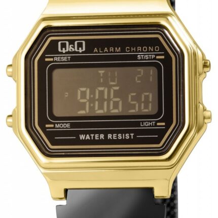 Q&Q Digitaluhr für Damen, Milanaisearmband, Edelstahl, 3 bar, schwarz/goldfarben