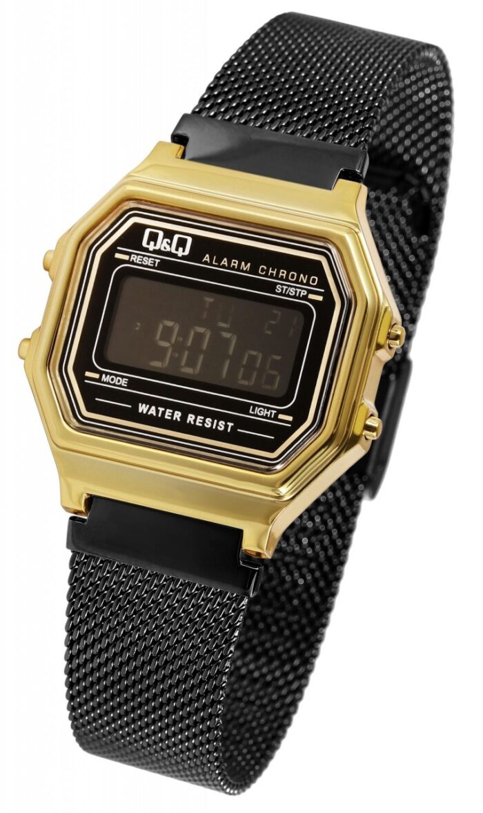 Q&Q Digitaluhr für Damen, Milanaisearmband, Edelstahl, 3 bar, schwarz/goldfarben - Image 4