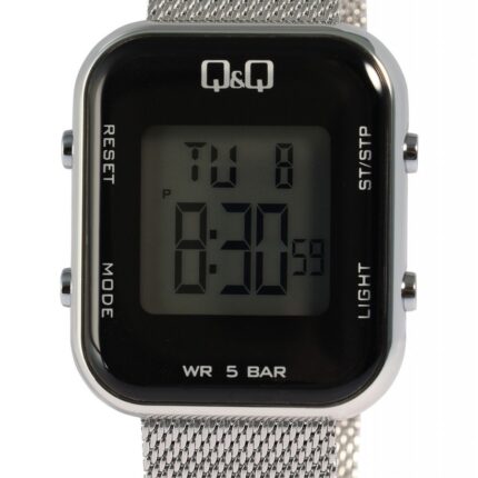 Q&Q Digitaluhr für Damen mit Meshband, Dual Time, 5 ATM, silberfarbig