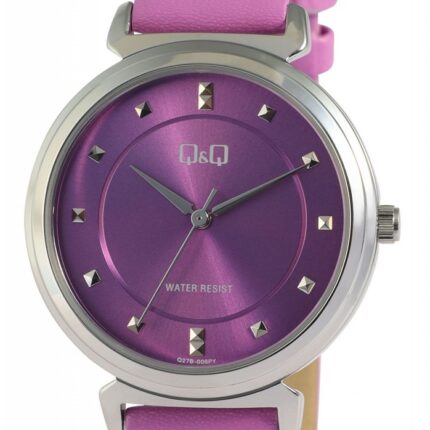Q&Q Damenuhr, Armband aus Lederimitat, 3 Bar, lila/silberfarben