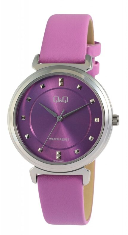 Q&Q Damenuhr, Armband aus Lederimitat, 3 Bar, lila/silberfarben