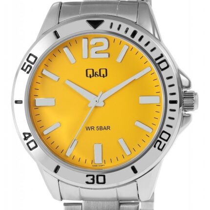 Q&Q Herrenuhr, Edelstahlarmband, silberfarben/gelb, 5 ATM, Ø 44 mm