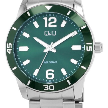 Q&Q Herrenuhr, Edelstahlgliederarmband, Faltschließe, silberfarben/grün, 5ATM...