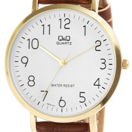 Q&Q Herrenuhr mit Lederimitationsarmband in braun/goldfarben, 3 bar
