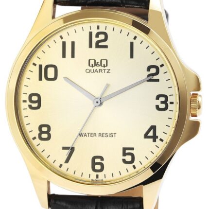 Q&Q Herrenuhr mit Lederimitationsarmband in schwarz/goldfarben, 3 bar