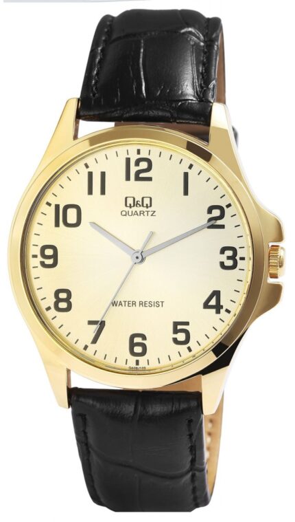 Q&Q Herrenuhr mit Lederimitationsarmband in schwarz/goldfarben, 3 bar
