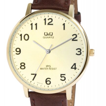 Q&Q Herrenuhr mit Lederimitationsarmband, 3 bar, braun/goldfarbig