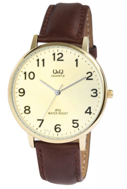 Q&Q Herrenuhr mit Lederimitationsarmband, 3 bar, braun/goldfarbig