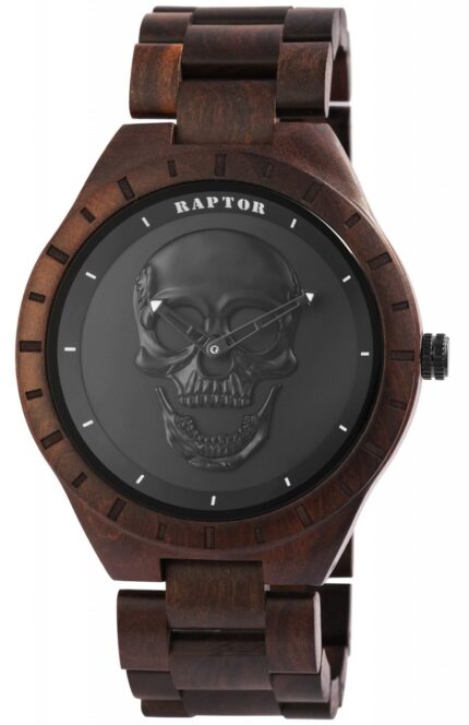 Raptor Herrenuhr "Snorre" aus Sandelholz mit Totenkopf auf dem Zifferblatt