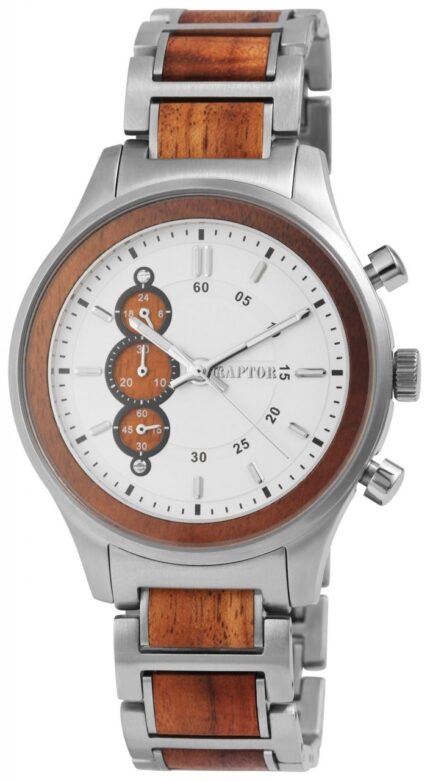 Raptor Herrenuhr "Hoock" aus Edelstahl mit Holz, 24 Std. Anzeige und Stoppfun...