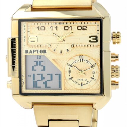 Raptor Herrenuhr "Domian" mit Edelstahlarmband, 3 Zeitzonen, eckig, analog/di...
