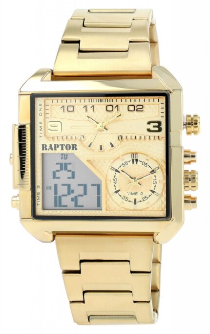 Raptor Herrenuhr "Domian" mit Edelstahlarmband, 3 Zeitzonen, eckig, analog/di...