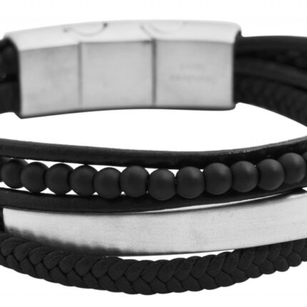 Raptor Armband mit Gravurplatte aus Echtleder und Edelstahl, schwarz/silberfa...
