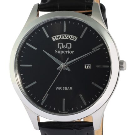 Q&Q Superior Herrenuhr mit Echtlederband, Wochentags- und Datumsanzige, schwa...